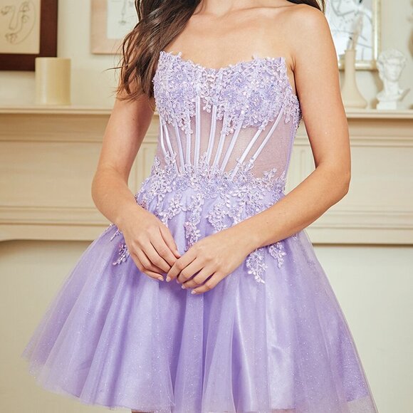 New Strapless Mini Baby Doll Homecoming Gown w/ Lace Embellished Bodice AC 9083S - Picture 7 of 9